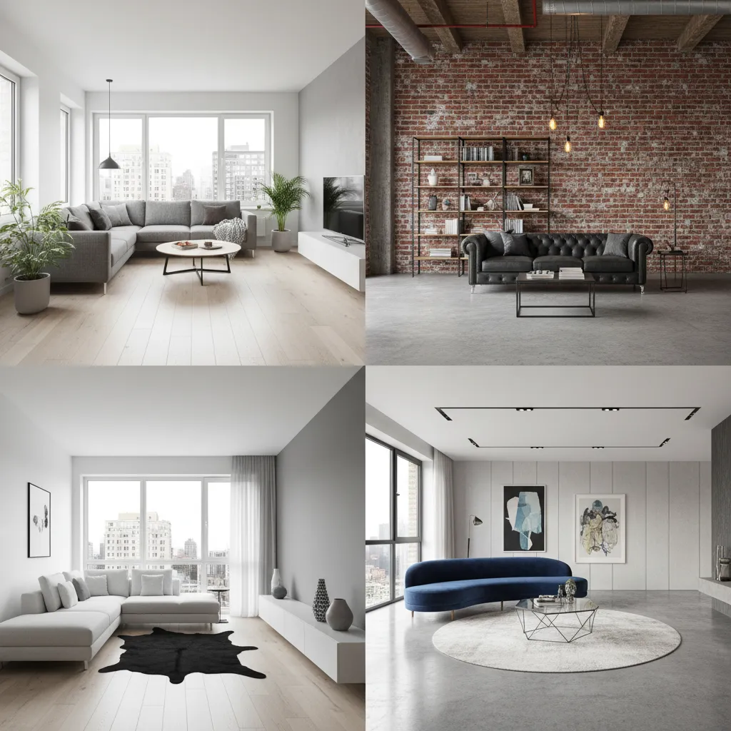 Grid showing four different living room layouts with sofa coffee table rug and various wall decorations