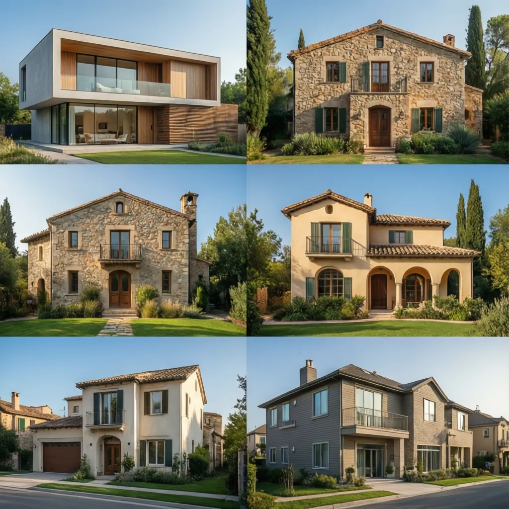 A collection of six different house exterior designs including modern styles and rustic stone buildings