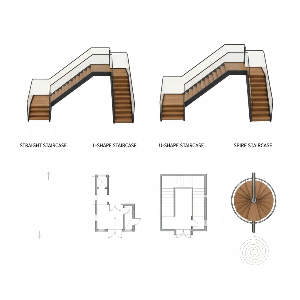 Chart showing four wooden staircase styles with glass railings and their matching floor plan drawings
