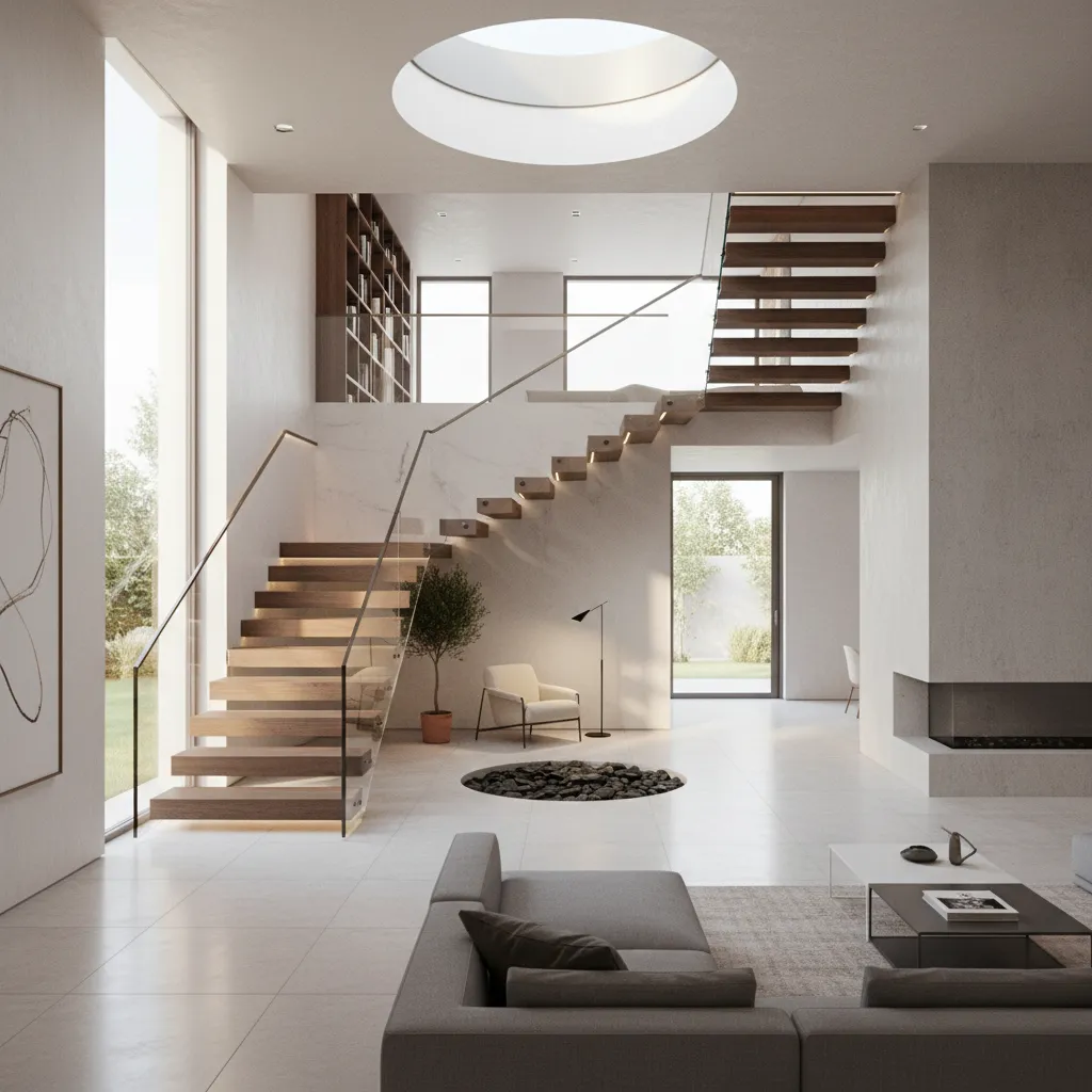 Comparación de escaleras rectas, en L y en U en interiores residenciales