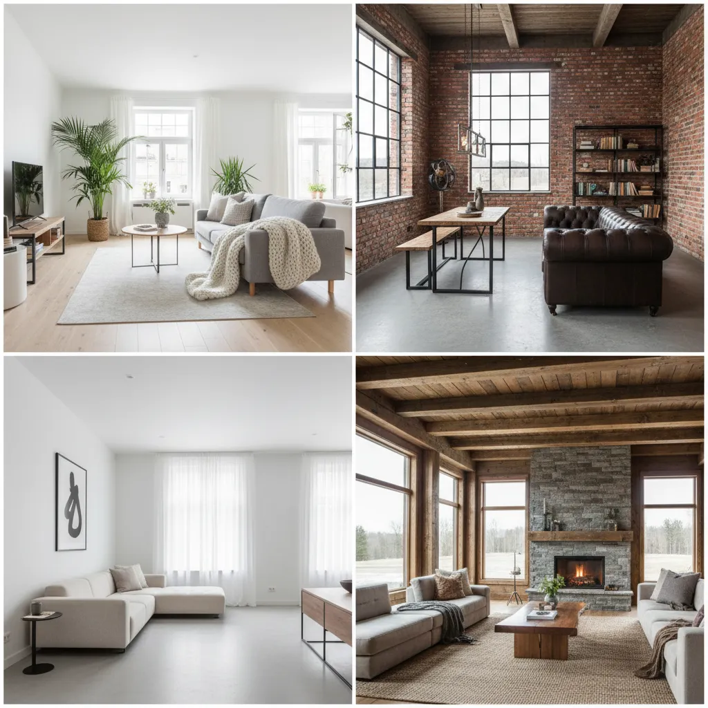Collage showing four different interior design styles including modern industrial minimalist and rustic living room designs