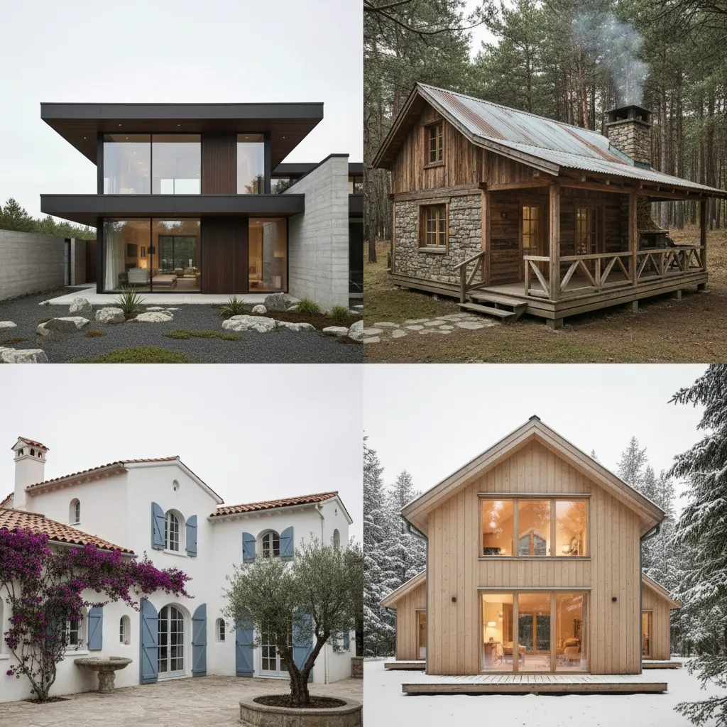 Collage showing four different house styles including modern flat roof wooden cabin and white stone villa