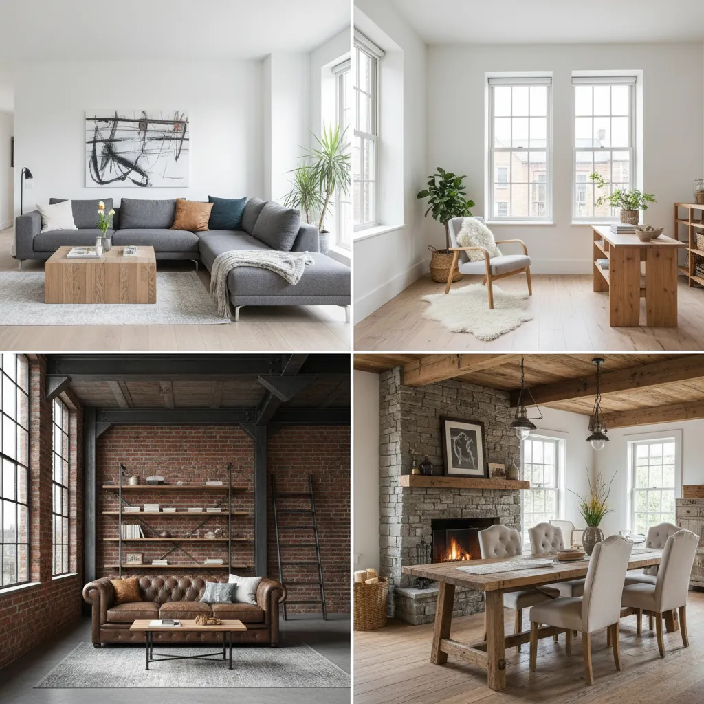 Comparación visual de varios estilos de interiores residenciales