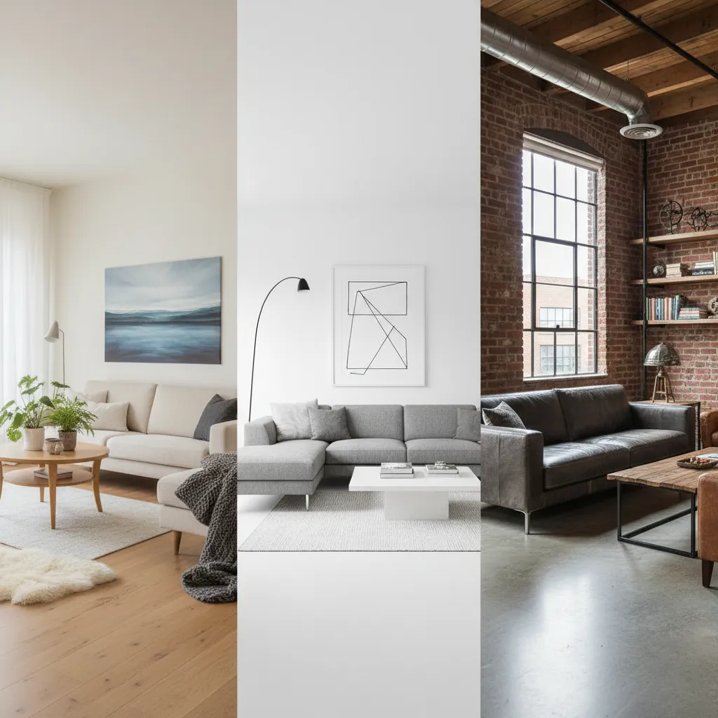Comparison of three living room styles featuring light wood minimalist grey and industrial red brick