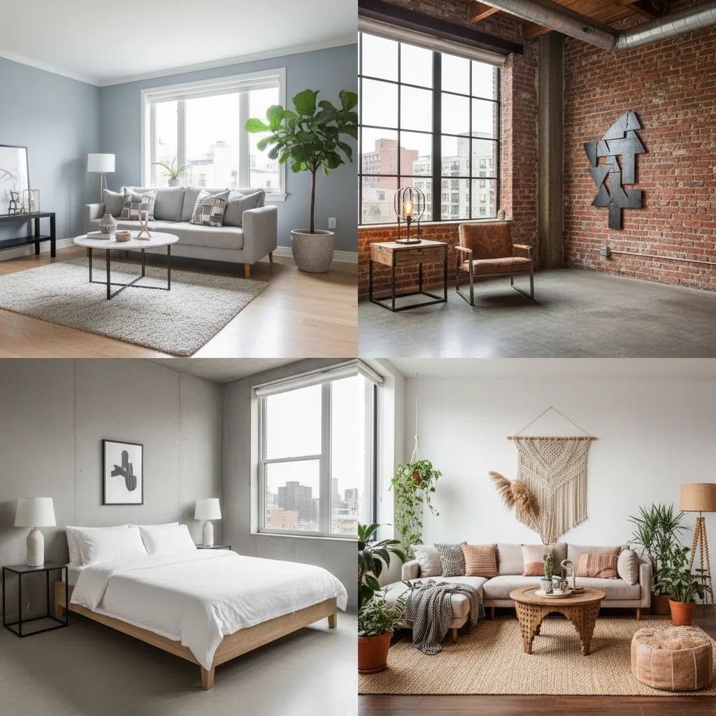 Four different room layouts including living rooms and a bedroom showing various interior design styles
