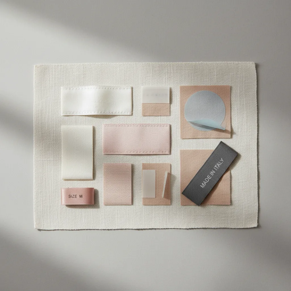 Various clothing labels and fabric tags in pink white and grey on white textured background