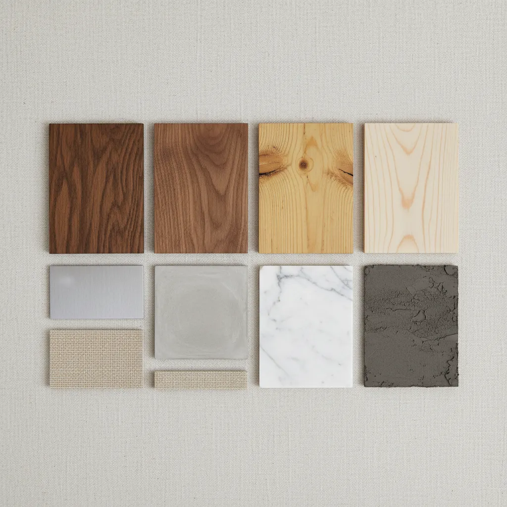 Various interior design material samples including wood planks, marble stone, metal, concrete, and fabric textures