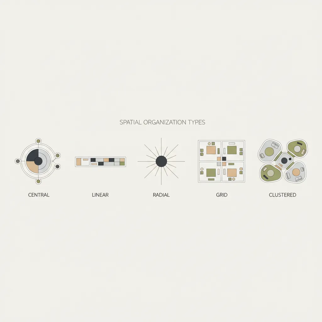 Diagrama visual mostrando diferentes tipos de organización espacial en interiores