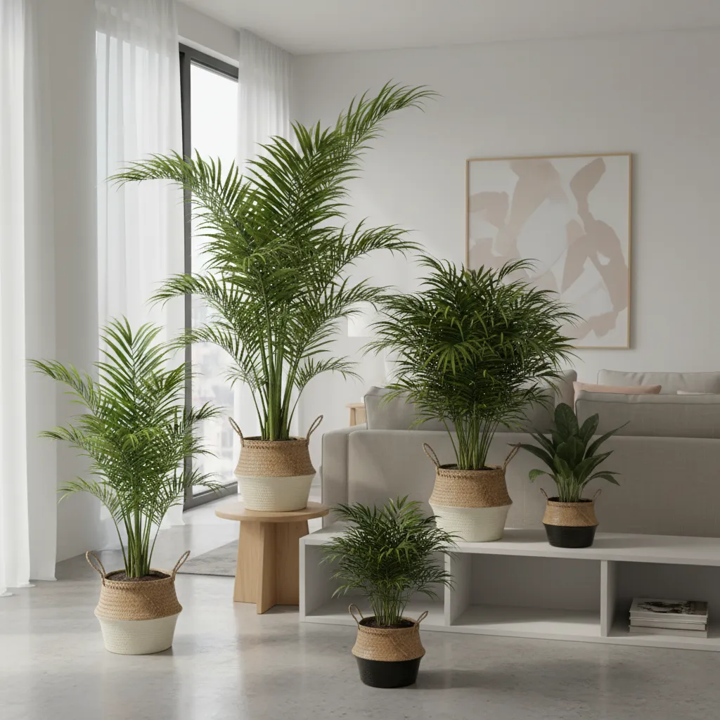 Diferentes tipos de palmeras de interior en macetas decorativas
