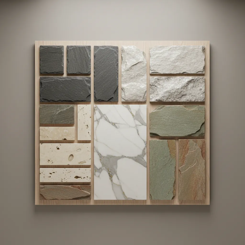 Various decorative stone material samples including marble and grey stone arranged on light wooden display