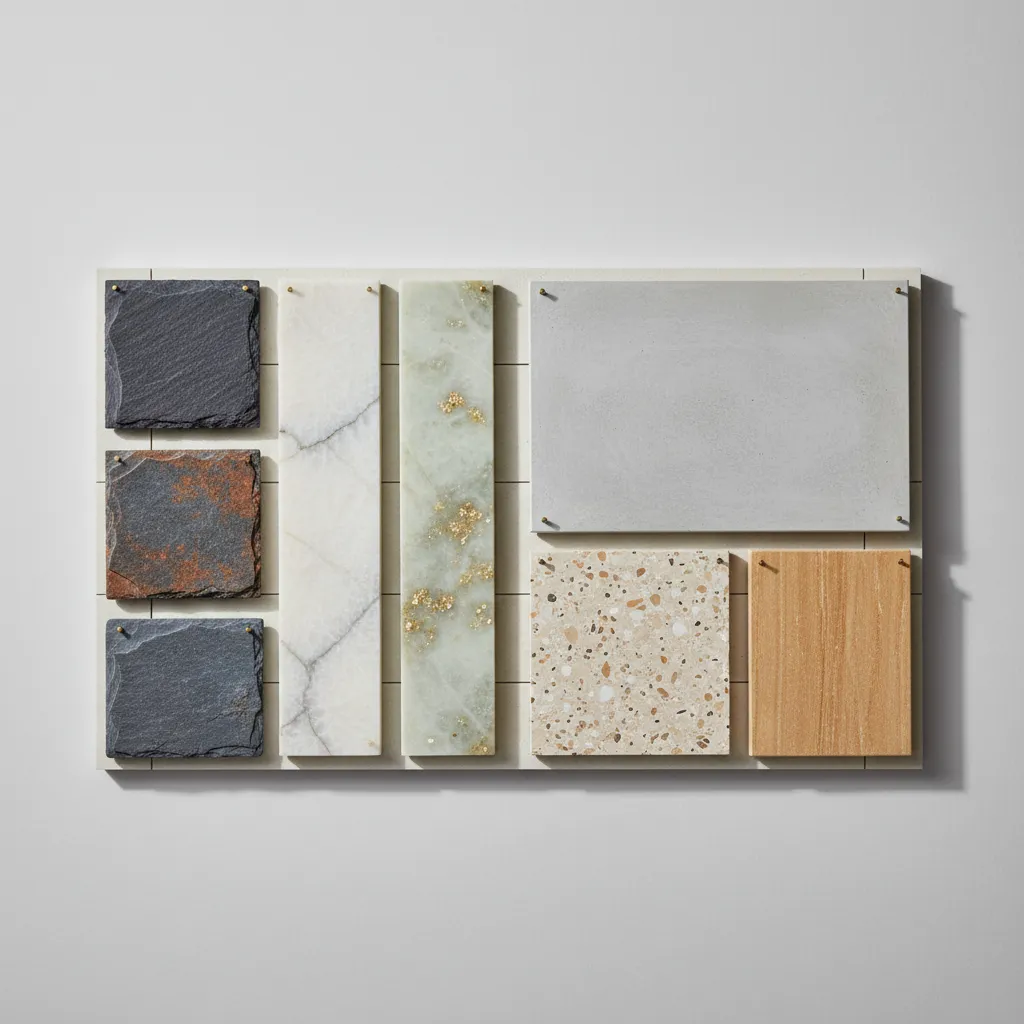 Material board showing various stone samples like slate marble and granite for interior design projects