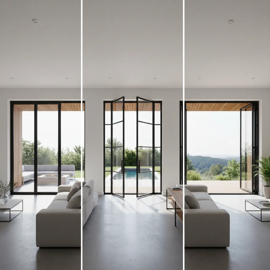 Comparación de diferentes tipos de puerta ventana en una vivienda moderna