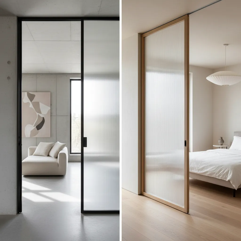 Comparison showing two glass doors with black and wood frames for living and bedroom spaces