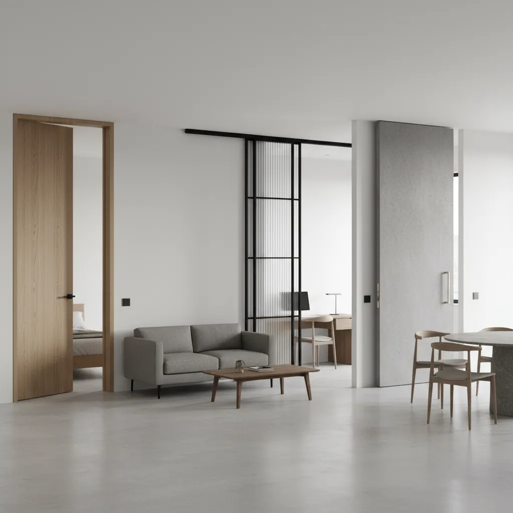 Diferentes tipos de puertas interiores: abatible, corredera y pivotante