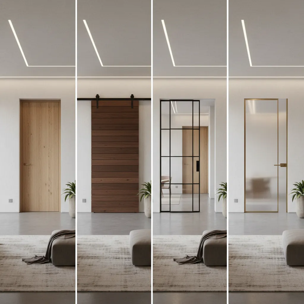 Comparison showing four different door styles including wood, sliding, glass frame, and frosted glass doors
