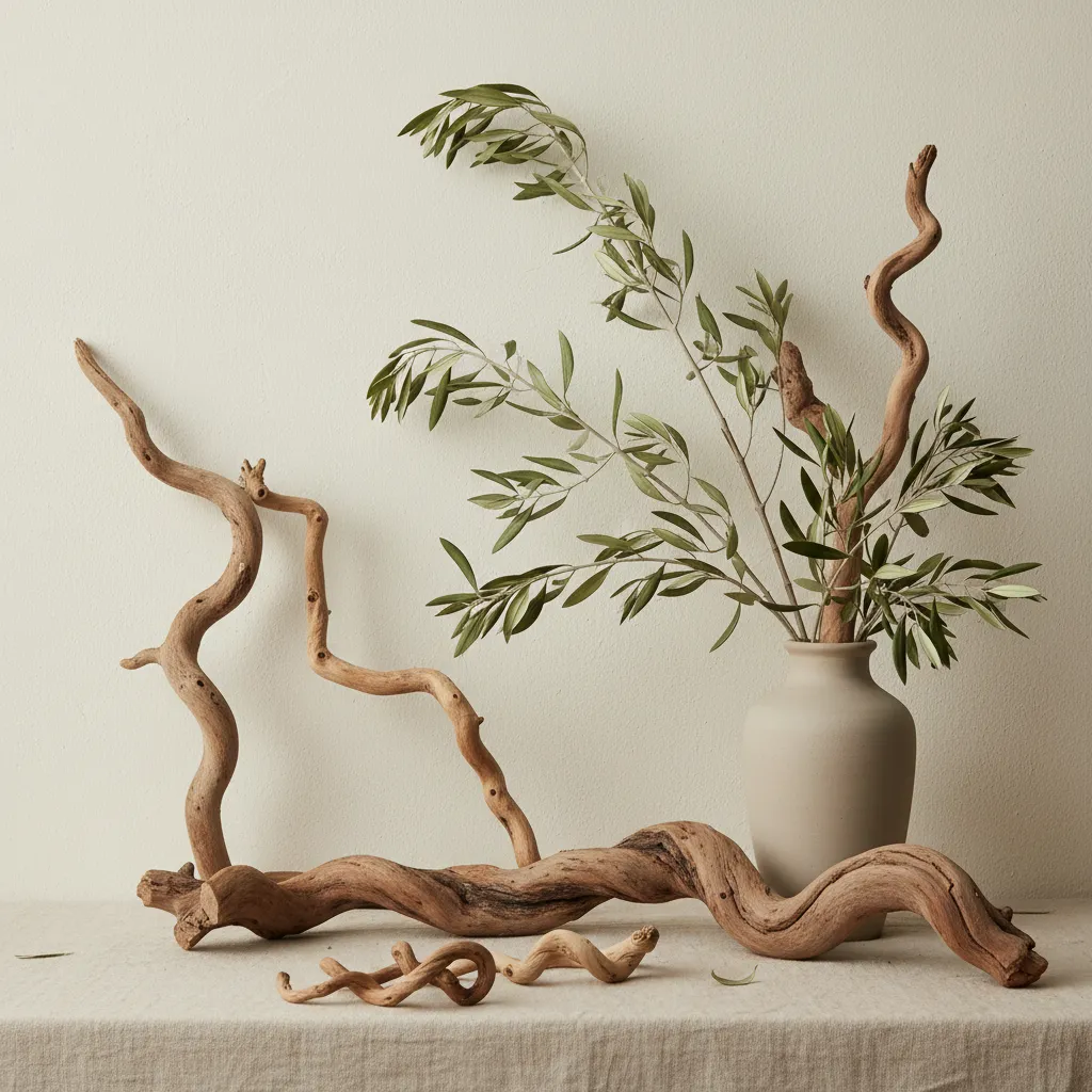 Dried wood branches and green leaves in a vase on a table with white background