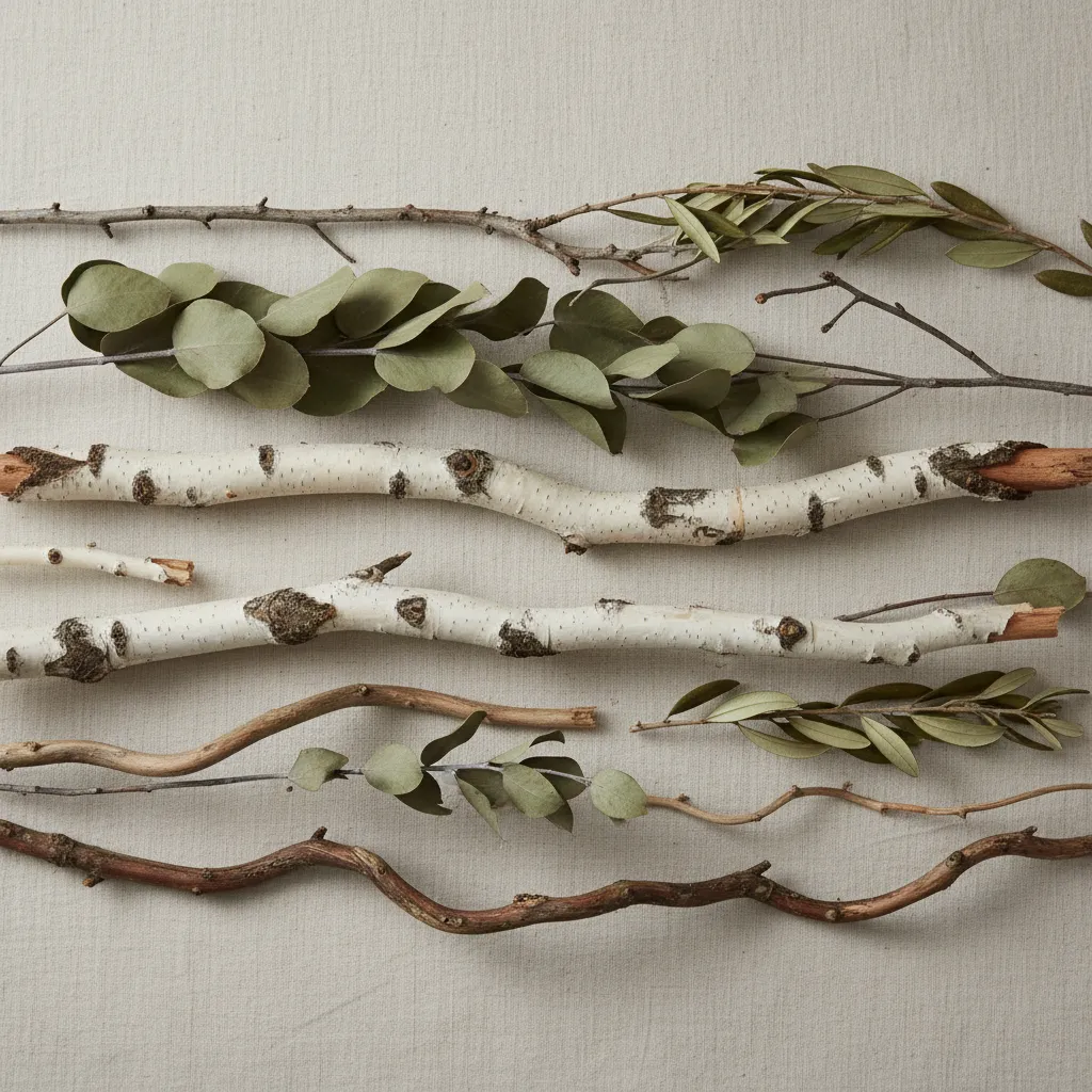 Various dried tree branches and green leaves laid flat on a light grey fabric surface