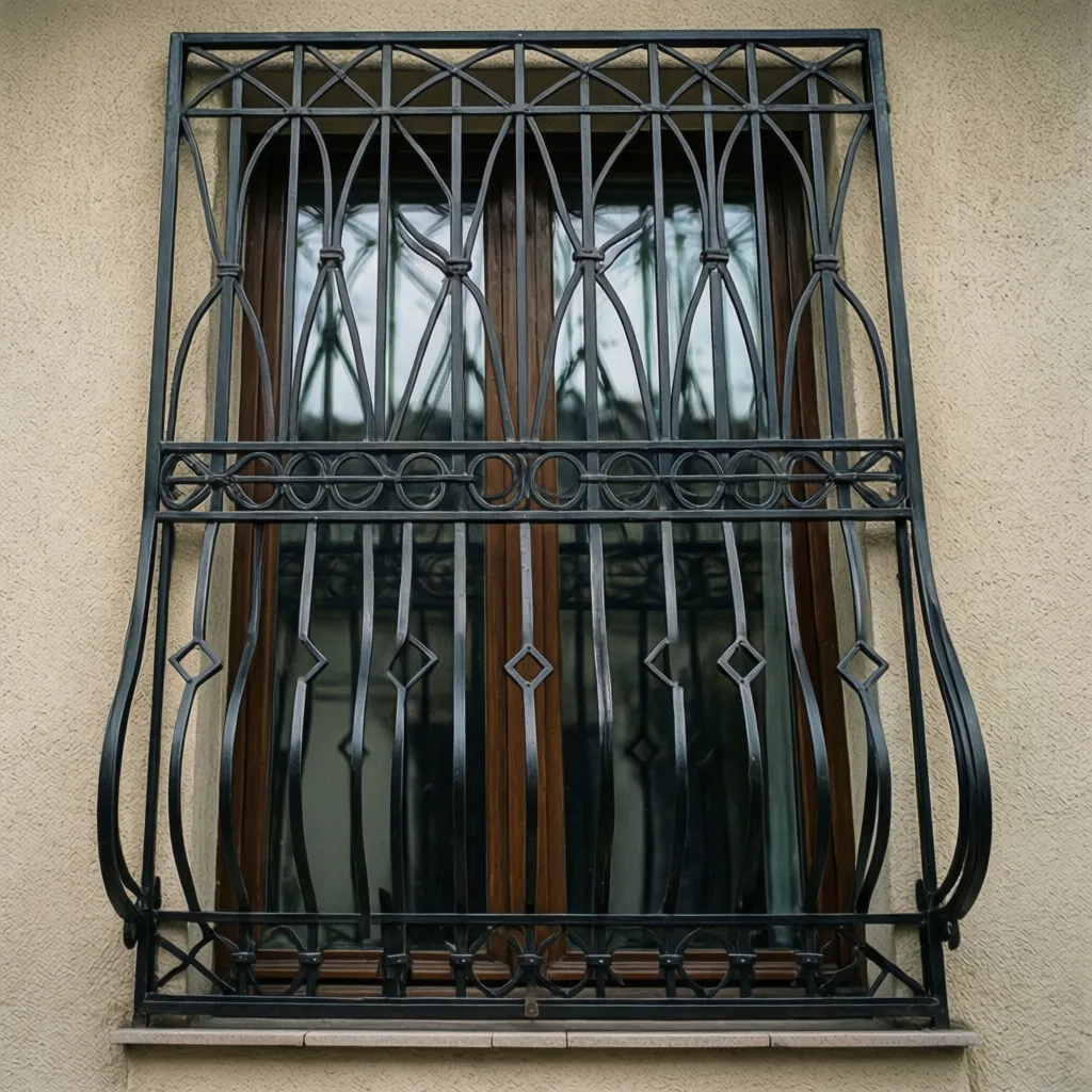 Black decorative metal window security bars installed on a light beige wall of a house