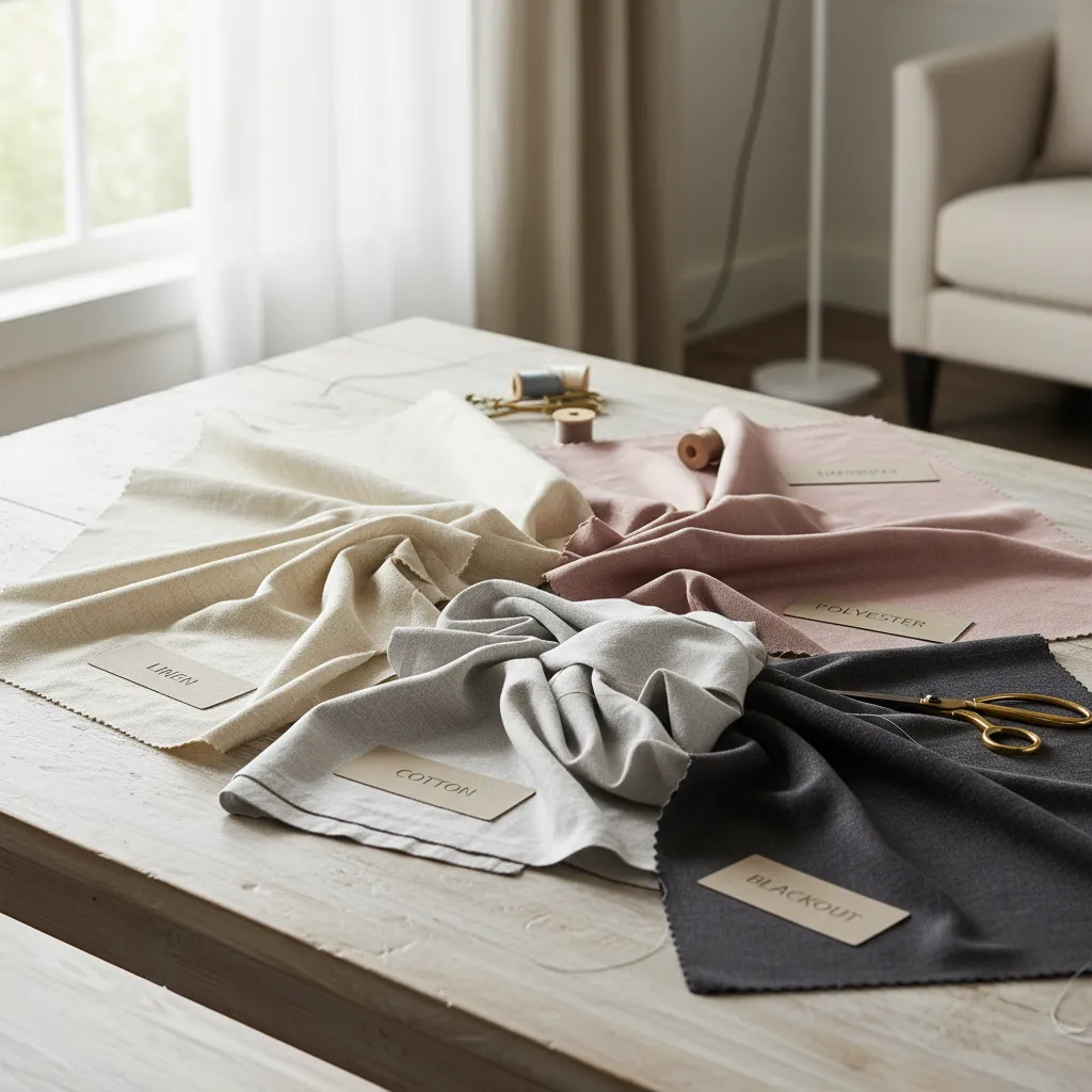 Curtain fabric samples including linen cotton and blackout on a wooden table with sewing tools