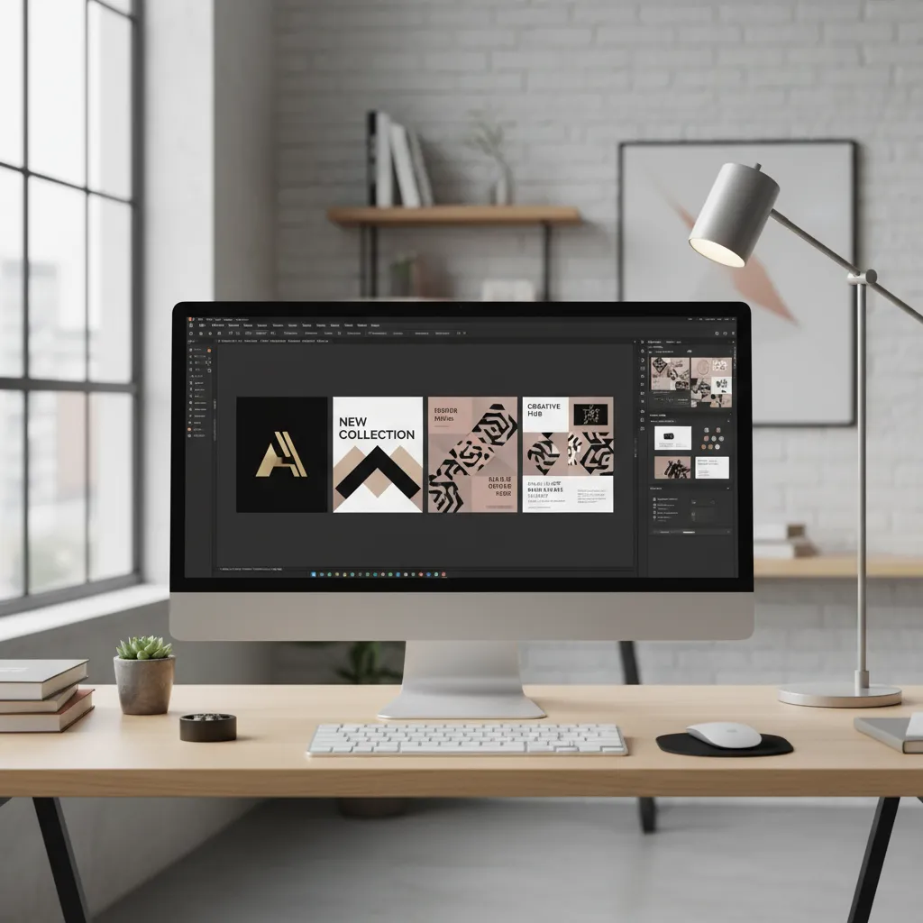 Pantalla de ordenador mostrando diferentes proyectos de diseño gráfico como logos y posts de redes sociales