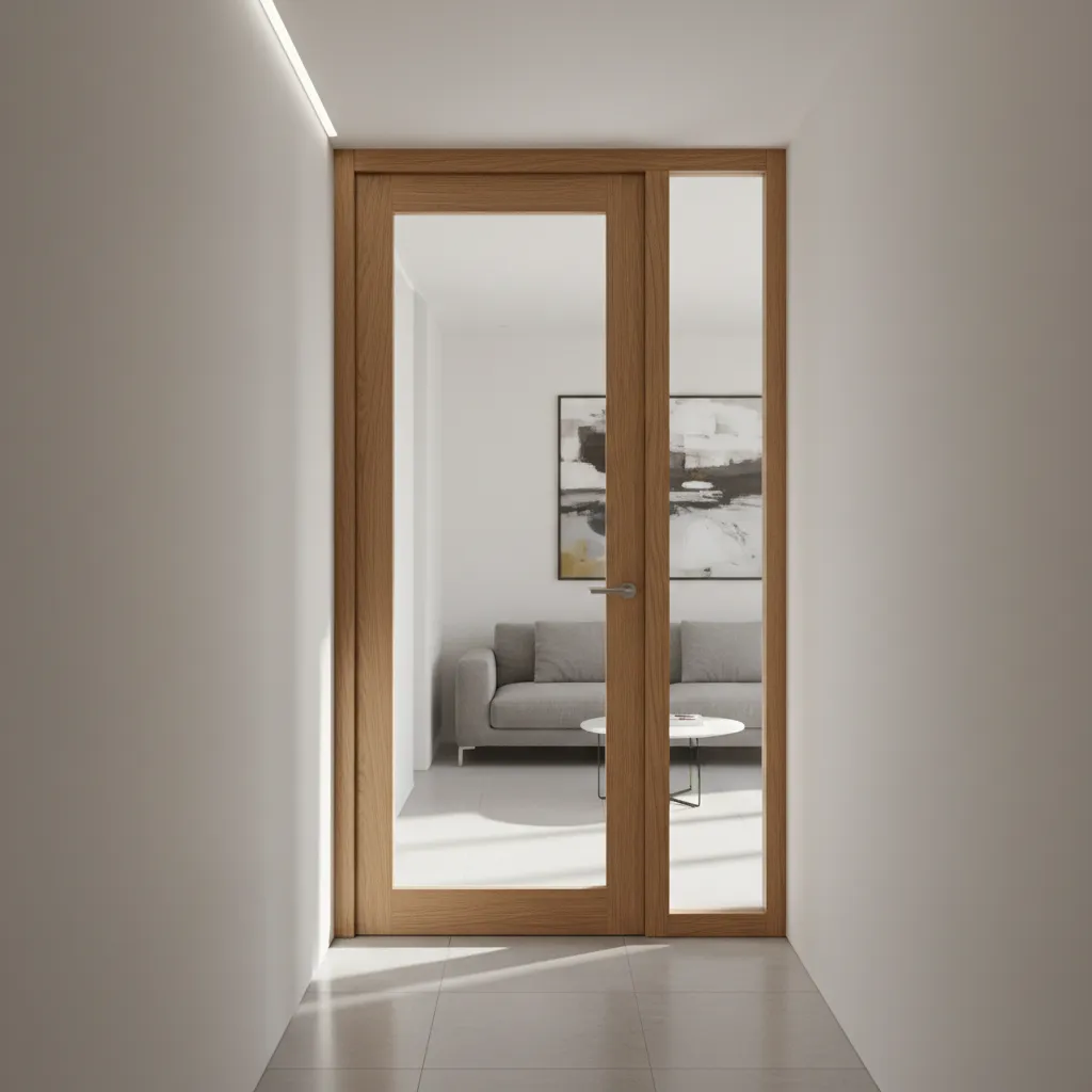 Puerta interior de madera con panel grande de vidrio en un pasillo luminoso