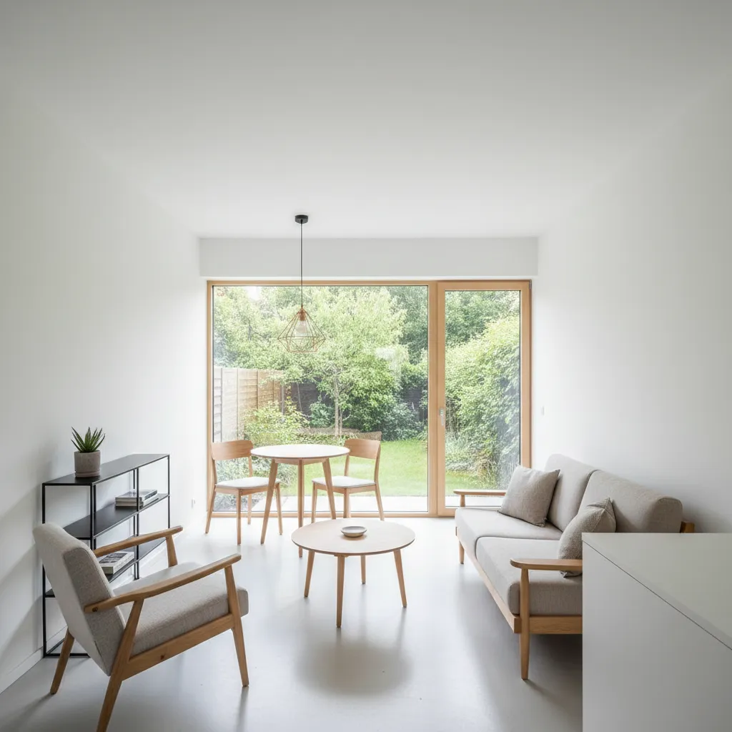 Interior rumah kecil dengan jendela besar dan warna terang