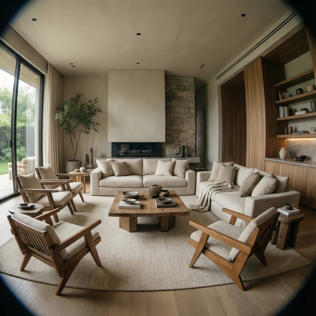 Modern living room with beige sofas wooden coffee table armchairs stone fireplace and large windows