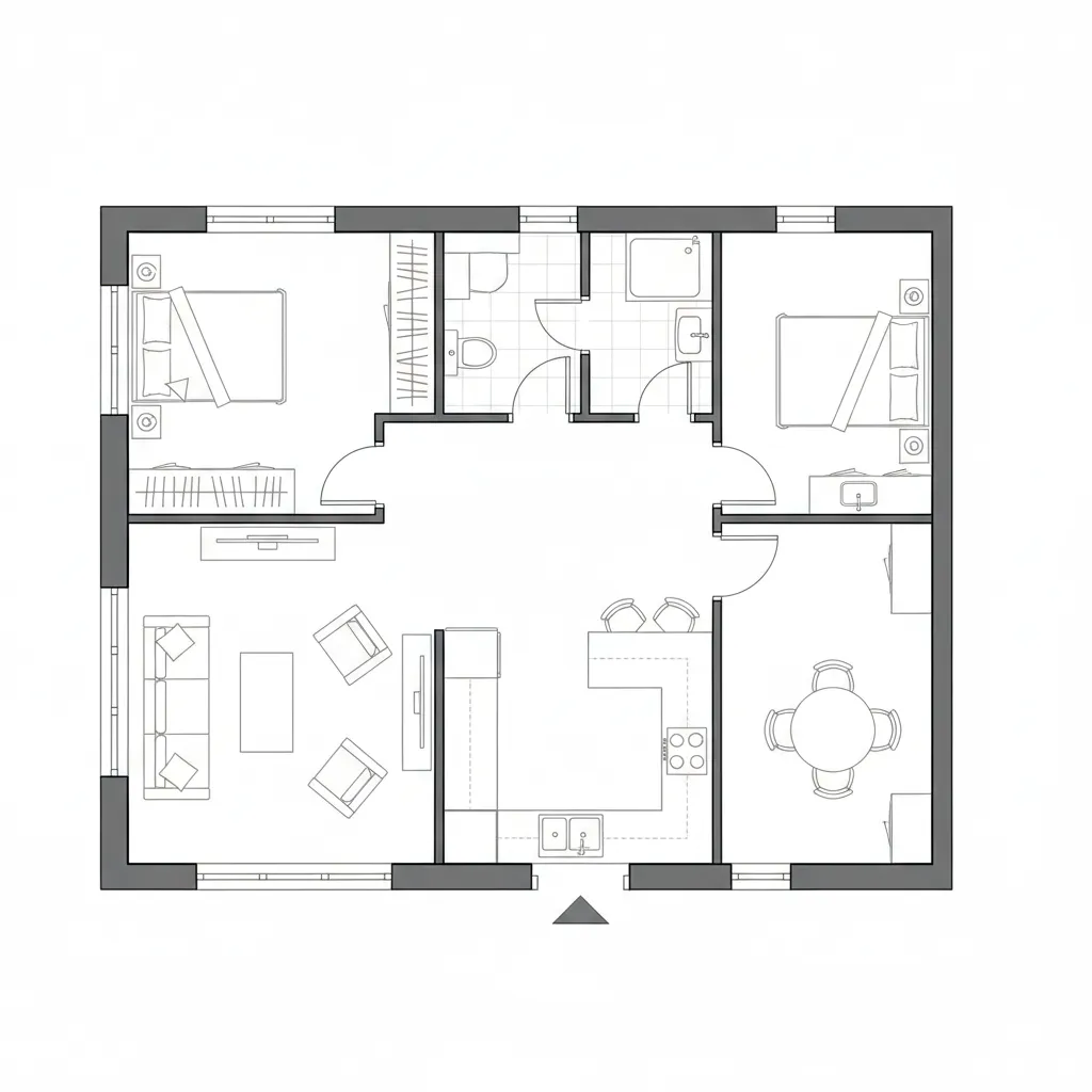 Simple black and white room layout showing two bedrooms living room kitchen and dining area