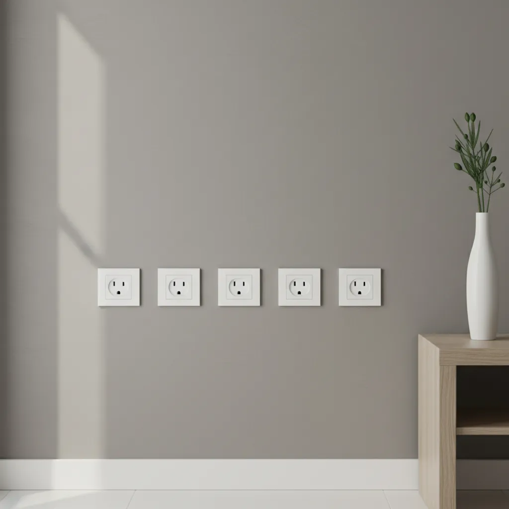 Row of five white power outlets on grey wall next to wooden cabinet and vase