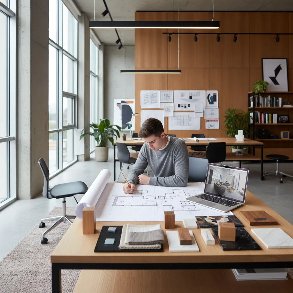 Designer working on floor plan drawing next to laptop showing 3D interior design drawing view