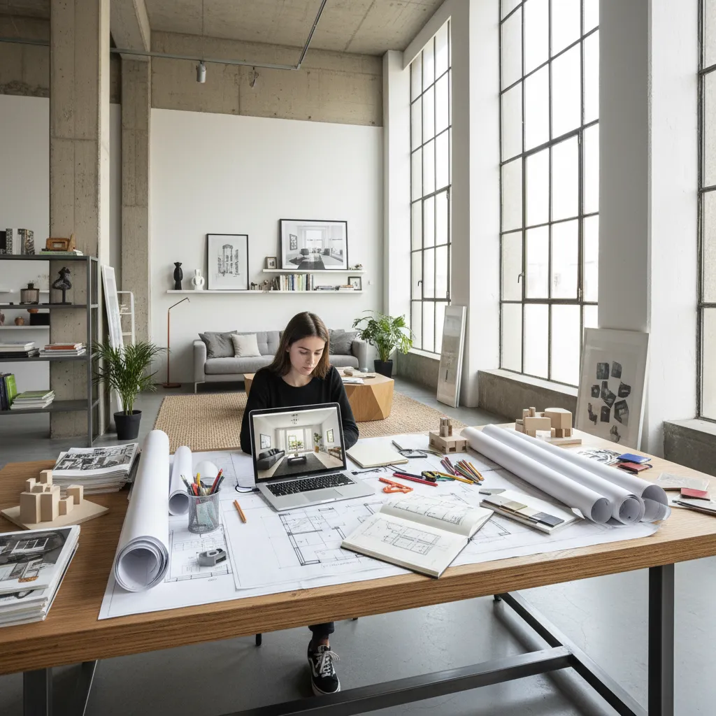 Woman working at a large wooden table with house plans, laptop, and small building models