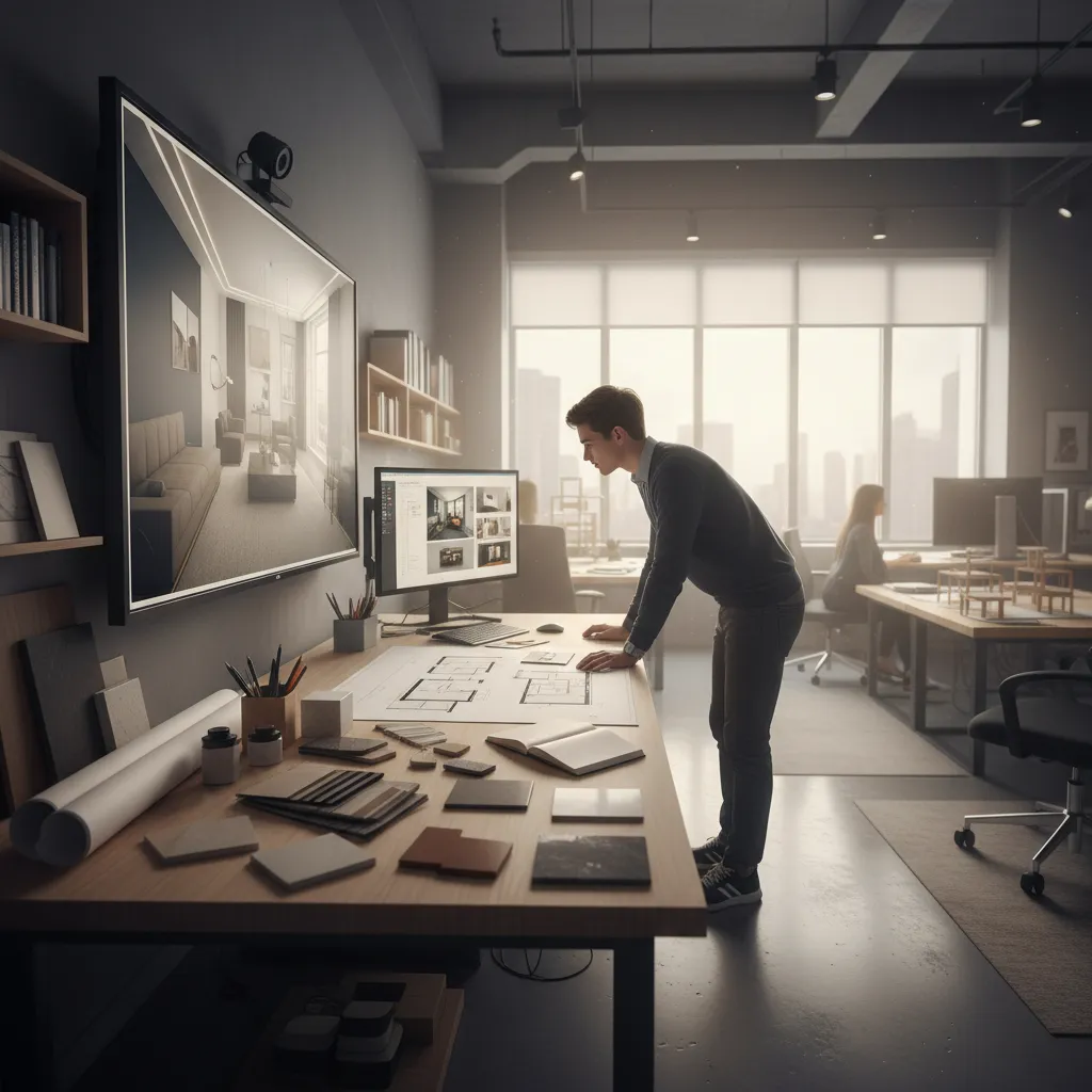 Designer at desk reviewing room layout drawing with samples and large screen interior design drawing