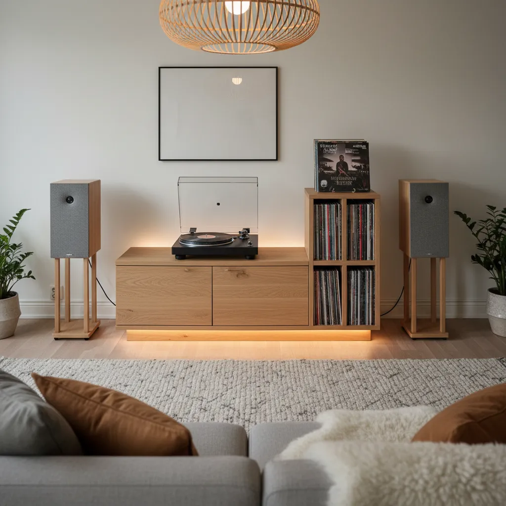 Minimalist wooden cabinet with record player speakers on stands woven ceiling light and grey rug