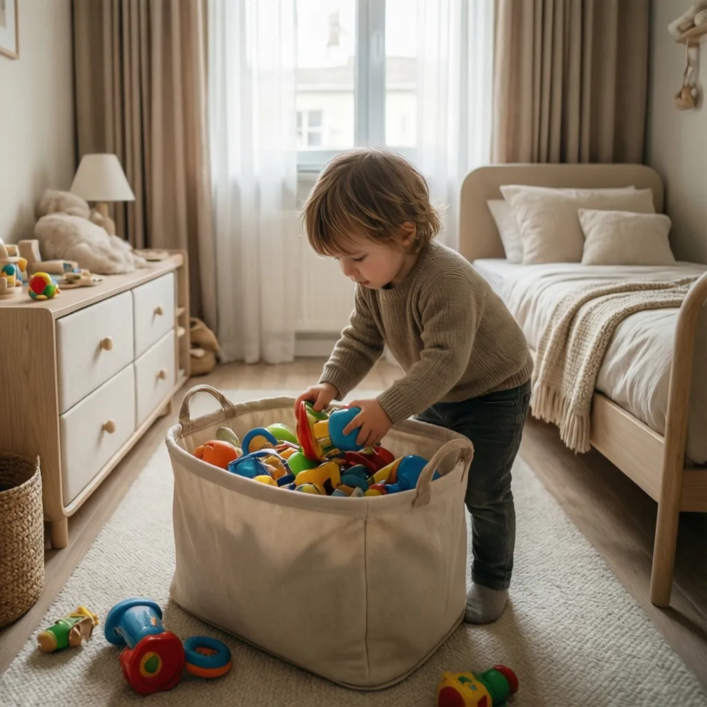 toddler placing toys into soft fabric laundry basket