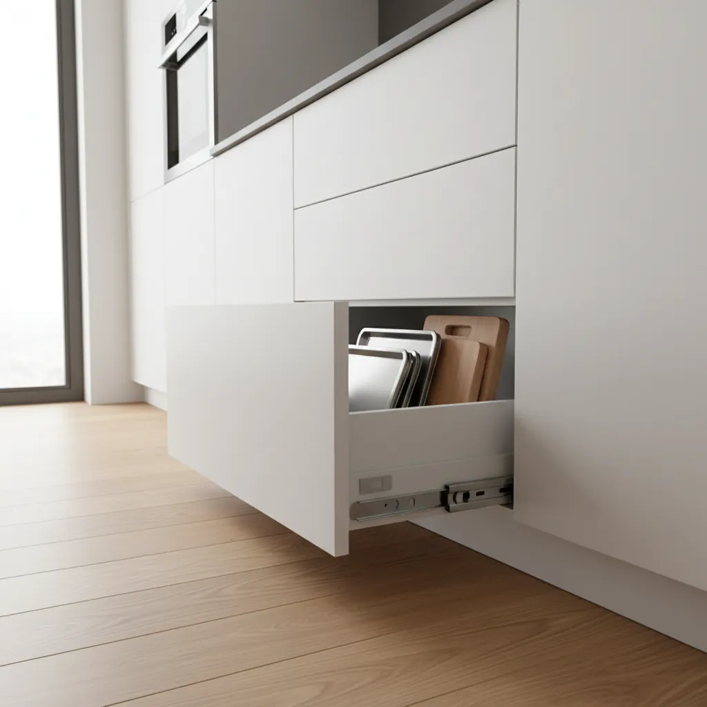 hidden toe kick drawer storage beneath kitchen cabinets for baking trays