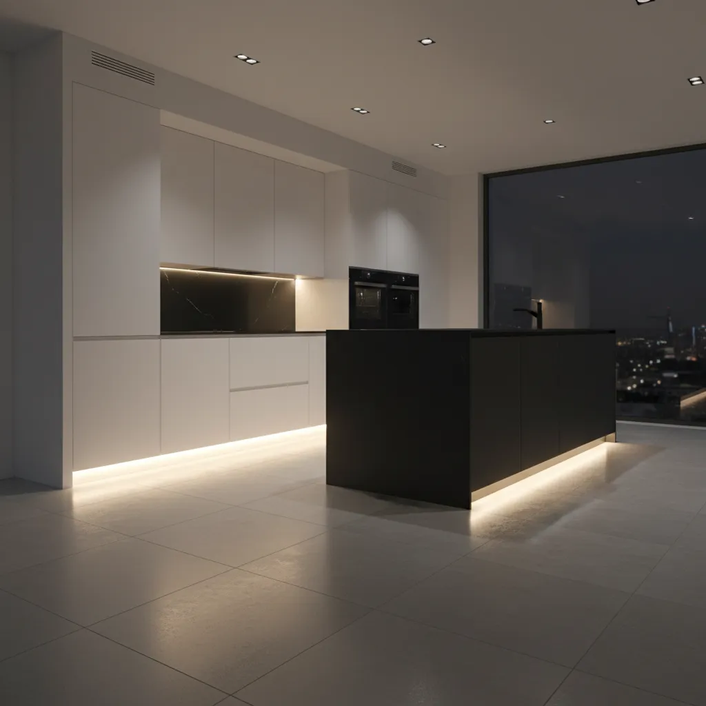 toe kick LED strip lighting along bottom of kitchen cabinets illuminating floor