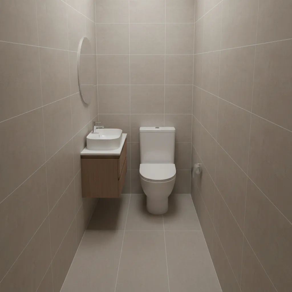 Diagram style interior showing proper toilet clearance spacing in a narrow bathroom
