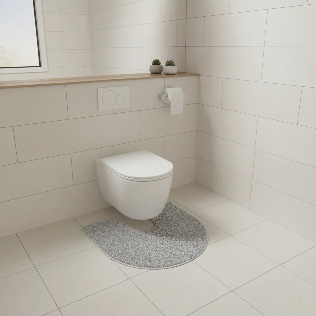 contour rug correctly positioned around toilet base in small bathroom