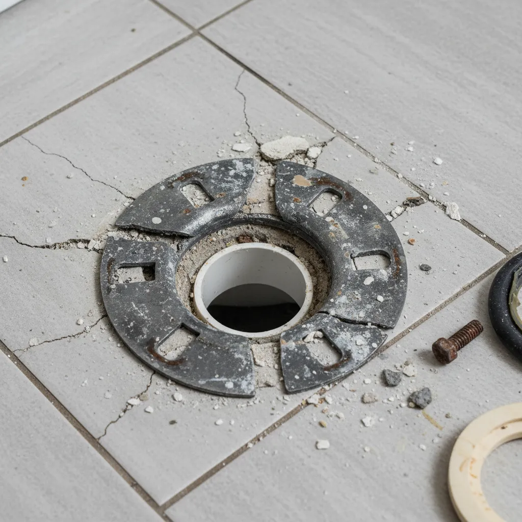 Broken toilet flange with damaged bolt slots on bathroom floor