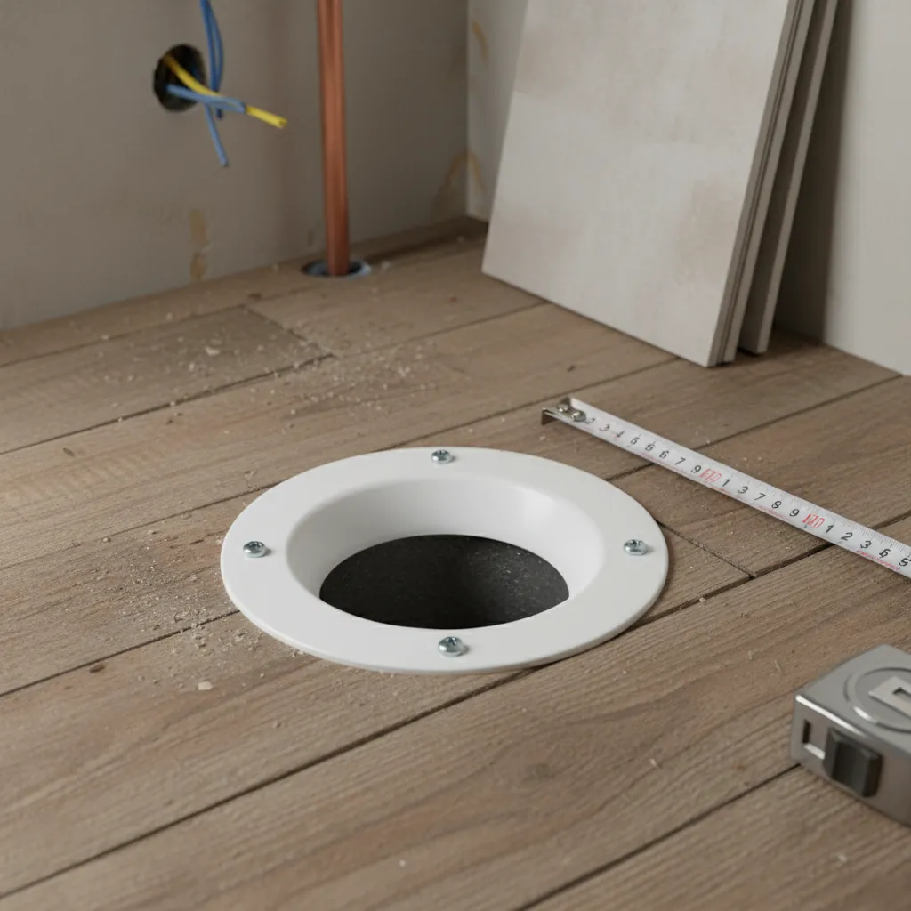 new PVC toilet flange installed on drain pipe in bathroom subfloor