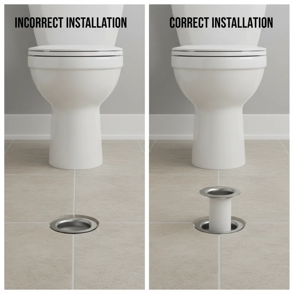 Comparison showing incorrect low toilet flange versus correct flange height