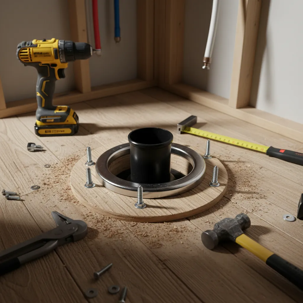 Installing stainless steel toilet flange repair ring anchored to subfloor