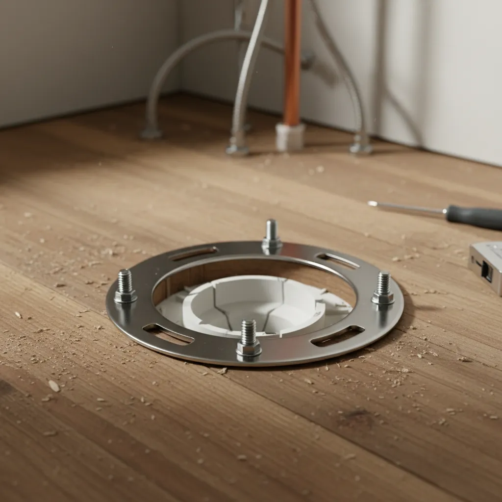 metal toilet flange repair ring installed over damaged plastic flange