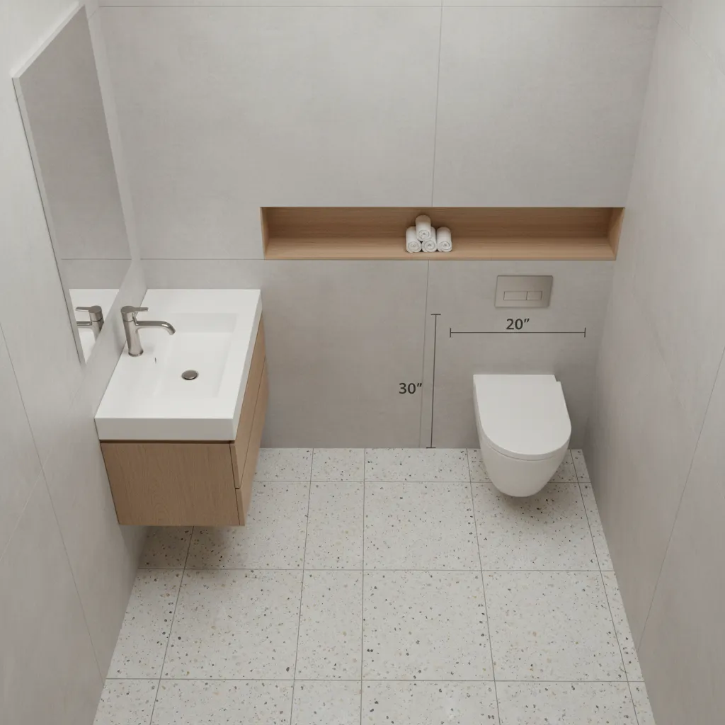 Diagram style interior showing proper sink and toilet clearance in small bathroom