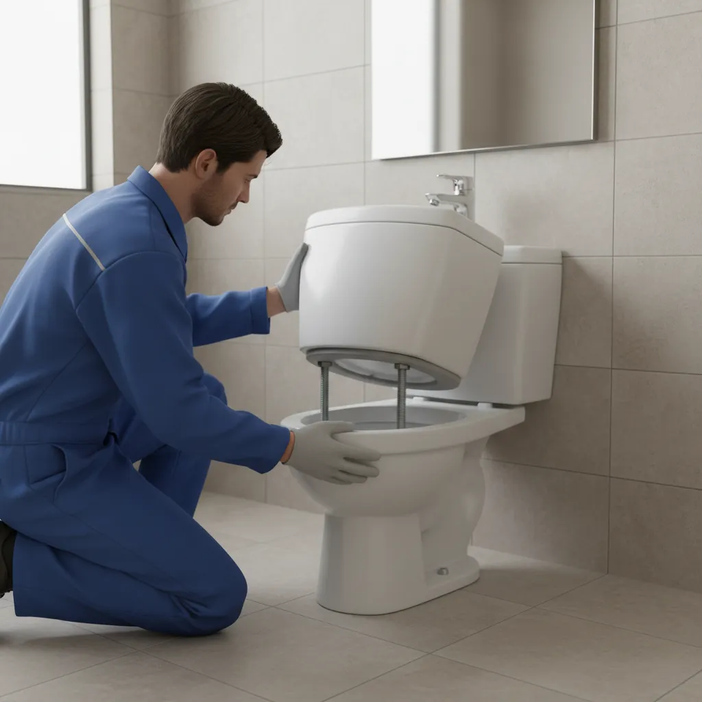 Technician aligning toilet tank evenly on bowl during installation