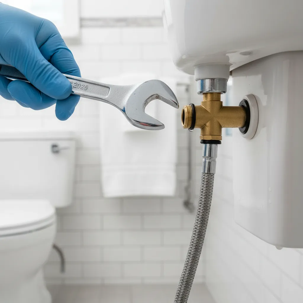 Close up of toilet tank supply line connection and gasket inspection