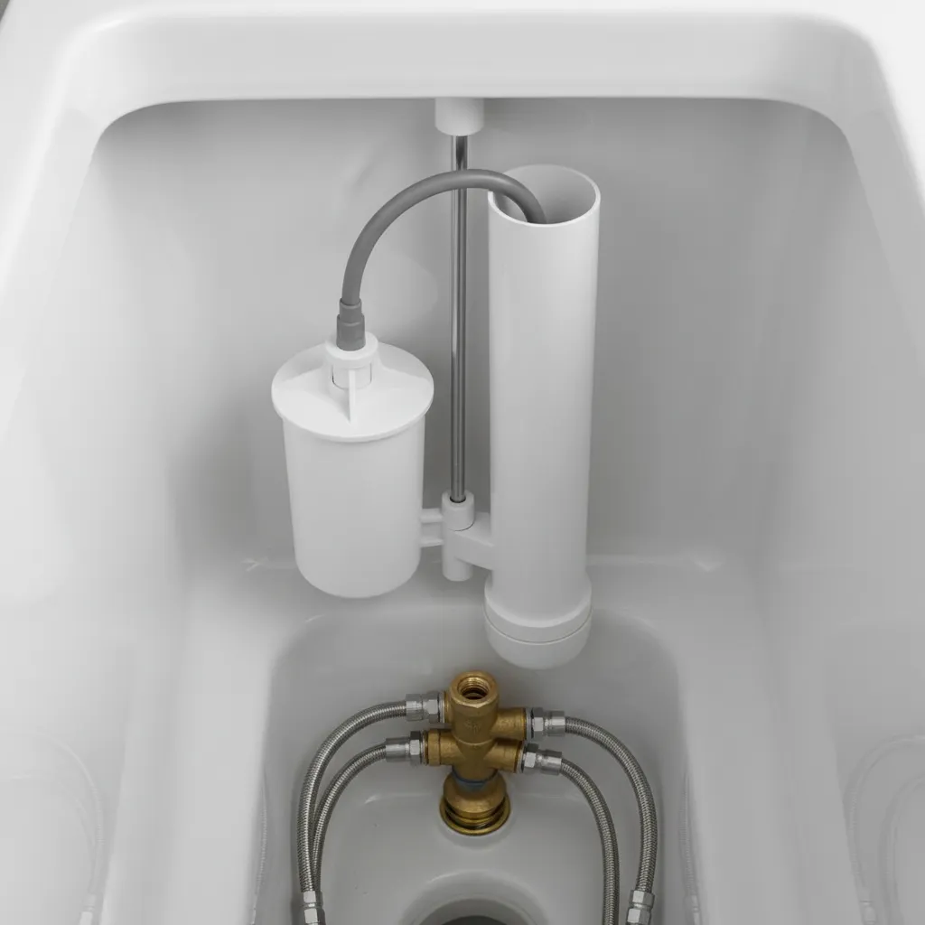 Close view of toilet tank interior showing float valve and refill mechanism