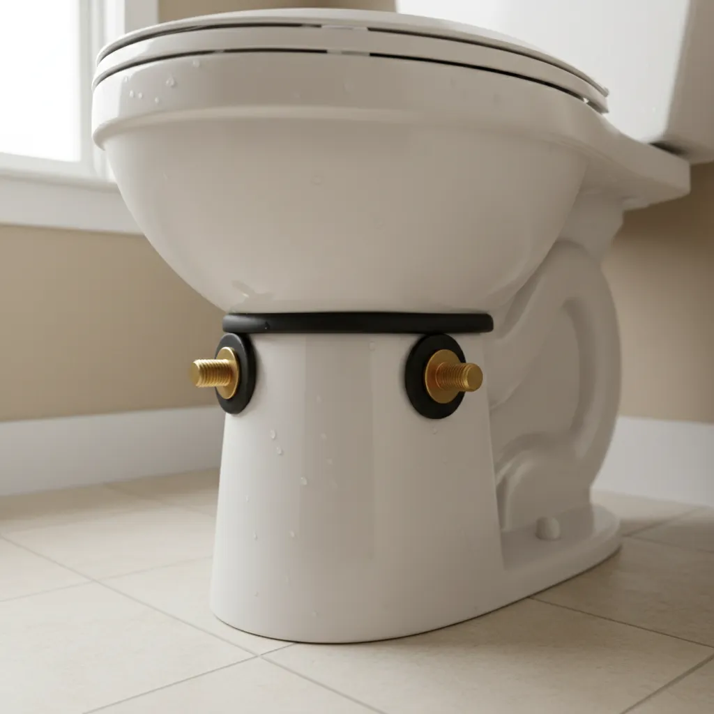 Close view of toilet tank to bowl gasket and mounting bolts