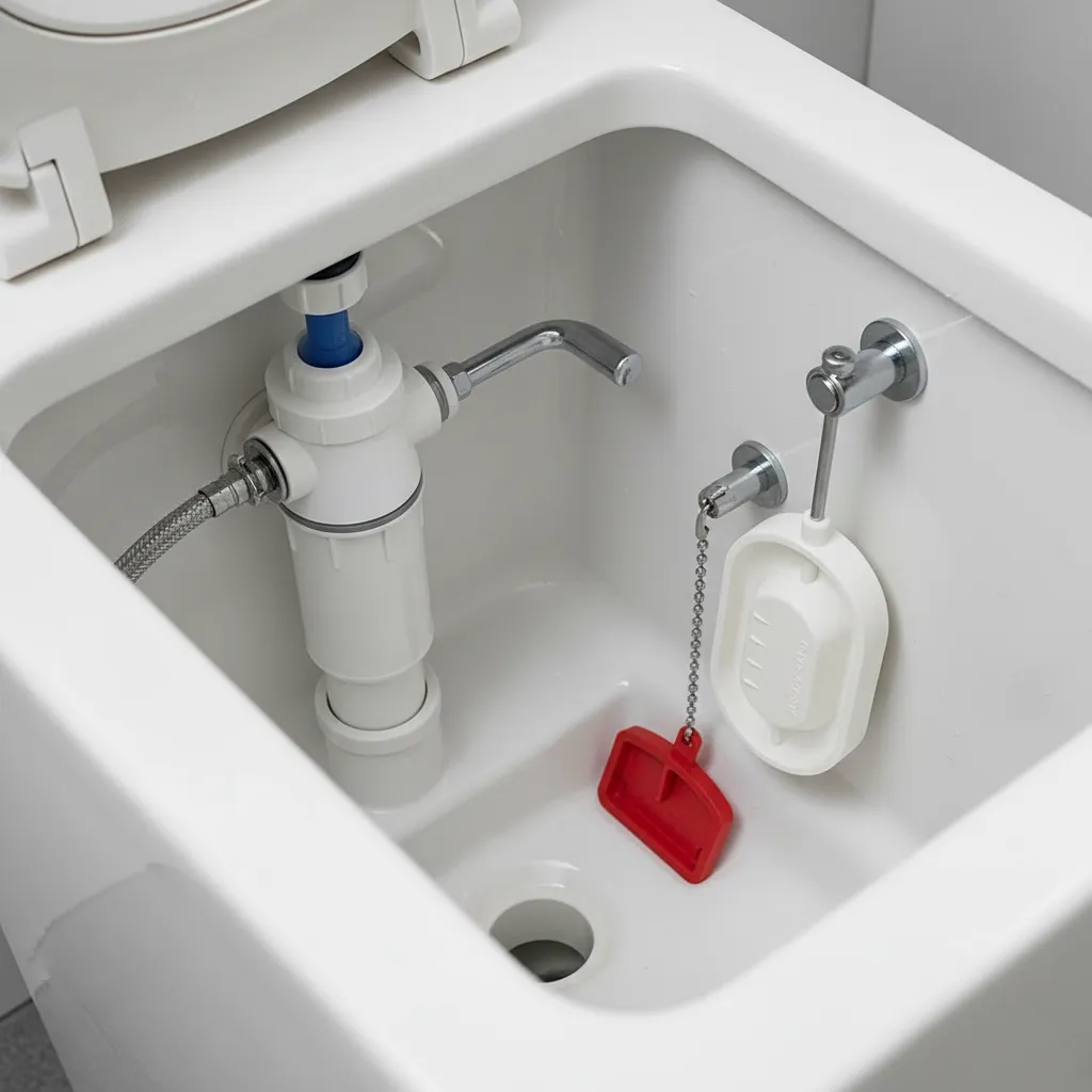 Open toilet tank showing fill valve flapper and internal components