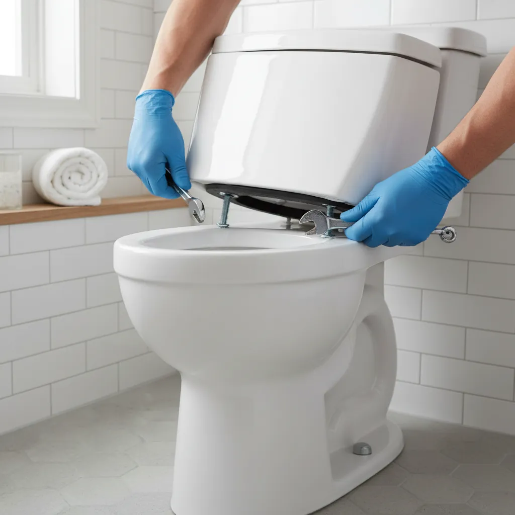 Plumber securing toilet tank to bowl with tools and gasket visible